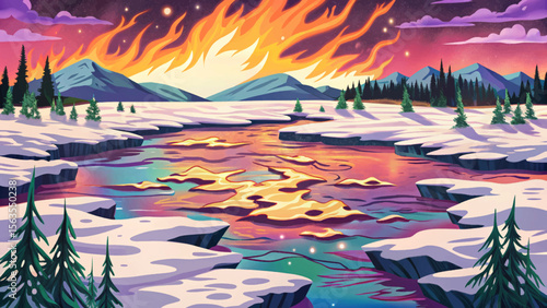 tundra fire scorches the Arctic wilderness cartoon, melting snow covered ground as smoke billows across frozen landscapes, revealing blackened earth beneath the blazing heat