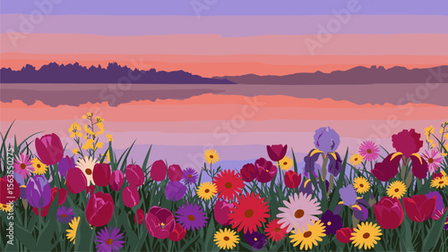 Serene Sunset Over Lake with Vibrant Spring Flowers