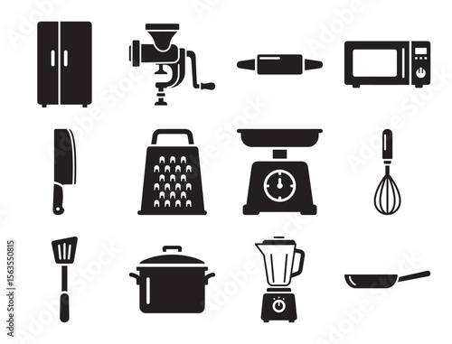 Kitchen and cooking utensils solid glyph icon set for appliances and cookware showing pot pan knife and other essential home culinary equipment items