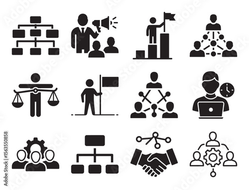 Leadership and management glyph icon set for business hierarchy and authority showing organization chart team structure and other corporate position symbols
