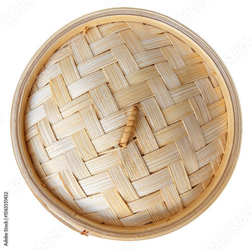 Bamboo food steamer top view isolated on a white transparent background, PNG file.