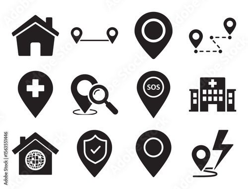 Location and navigation solid glyph icon set for map pins and GPS tracking showing pointer destination and other symbols for route and direction finding