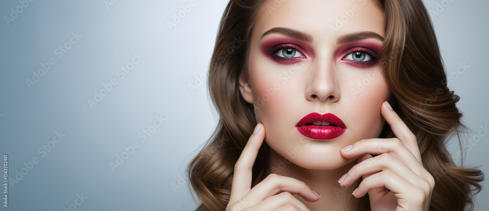 Woman with glamorous red smokey eye makeup and matching lipstick. Professional evening look for a special event. For beauty salon and cosmetics advertising. Banner with copy space Woman with glamorous red smokey eye makeup and matching lipstick. Professional evening look for a special event. For beauty salon and cosmetics advertising. Banner with copy space