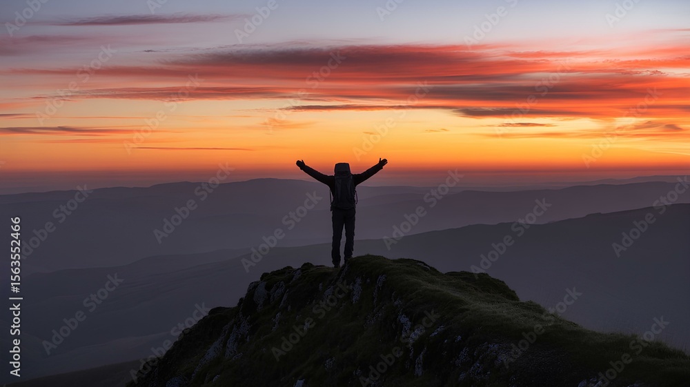 Unplug and Celebrate Success: Hiker atop mountain peak at sunset for digital detox Unplug and Celebrate Success: Hiker atop mountain peak at sunset for digital detox