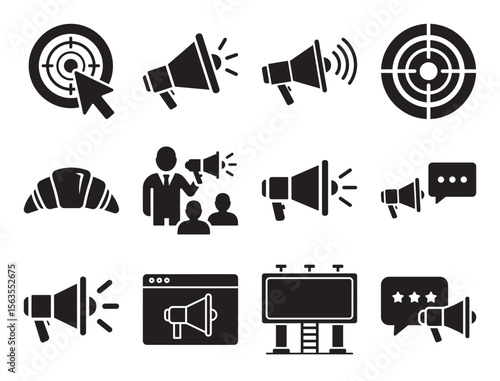 Marketing campaigns and promotions glyph icon set for advertising showing megaphone target and other symbols for brand awareness and sales strategy vector