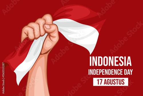 hands clenched into the air while holding the red and white flag, depicting the spirit of independence of the Indonesian republic.