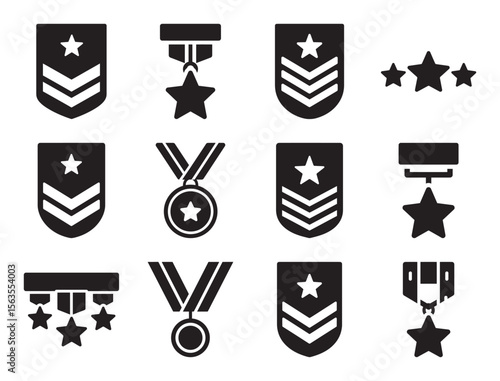 Military ranks and awards solid icon set for insignia and medals showing star chevron and other symbols for army achievement and honor recognition