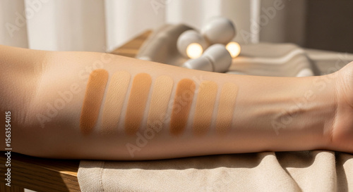 Foundation swatches in a range of tan shades on an arm. Inclusive beauty and skin tone matching. For cosmetics advertising for diverse skin tones