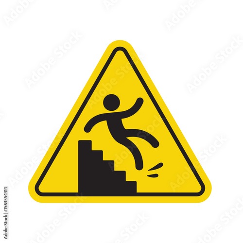 Falling Hazard Warning Sign with Person Falling Down Stairs in Yellow Triangle
