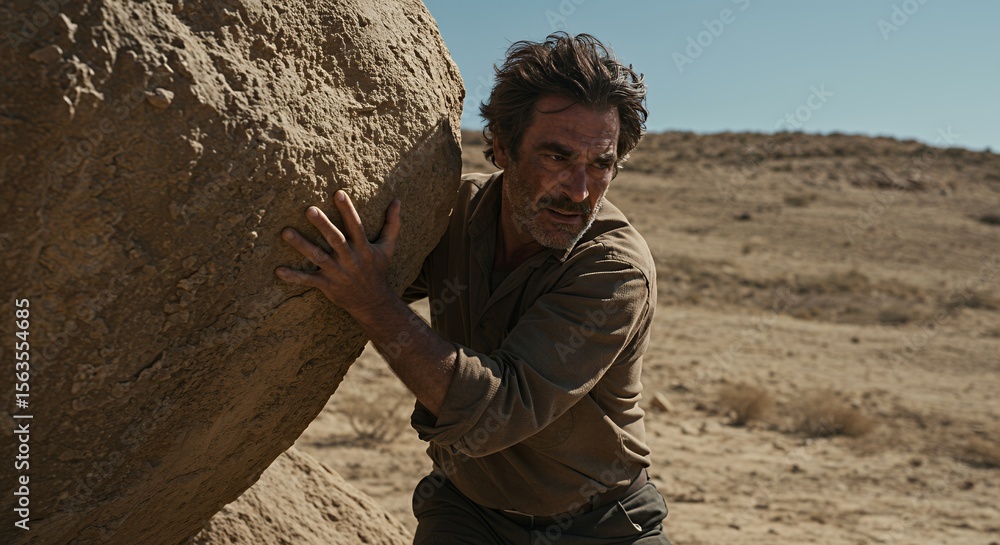 Fototapeta premium A weathered man struggles against the weight of a massive boulder in a desolate, sun-baked landscape.
