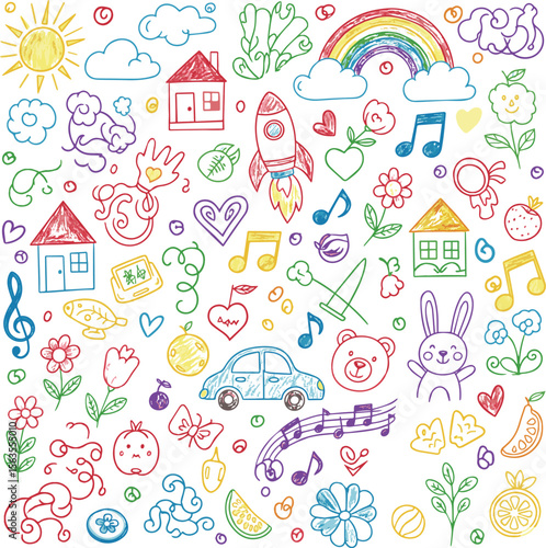 Kid crayon hand drawn background. Children school pencil bg. Cute summer flower, cloud, house, rainbow sun child icon. Vector kid sketch illustration. Cute crayon children pattern. Color pencil doodle