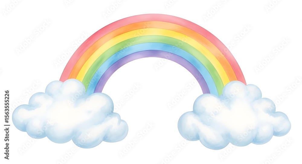 Watercolor rainbow with clouds on white background Watercolor rainbow with clouds on white background