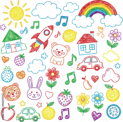 Kid crayon hand drawn background. Children school pencil bg. Cute summer flower, cloud, house, rainbow sun child icon. Vector kid sketch illustration. Cute crayon children pattern. Color pencil doodle