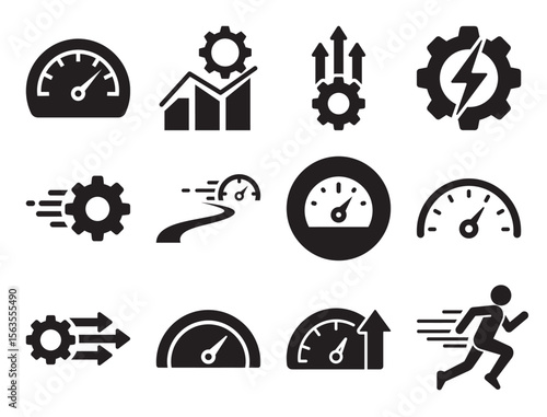 Performance and speed solid glyph icon set for optimization and measurement showing speedometer gear and other symbols for efficiency and progress tracking