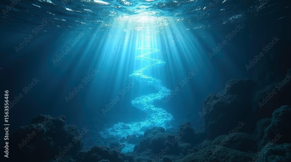Obraz premium Underwater Sea Deep Abyss With Blue Sun light, Light beams, AI generative