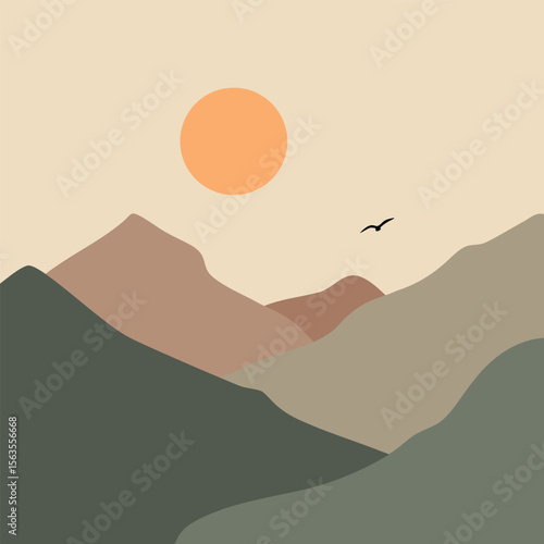 Minimalist abstract landscape with sun and bird in muted earthy tones