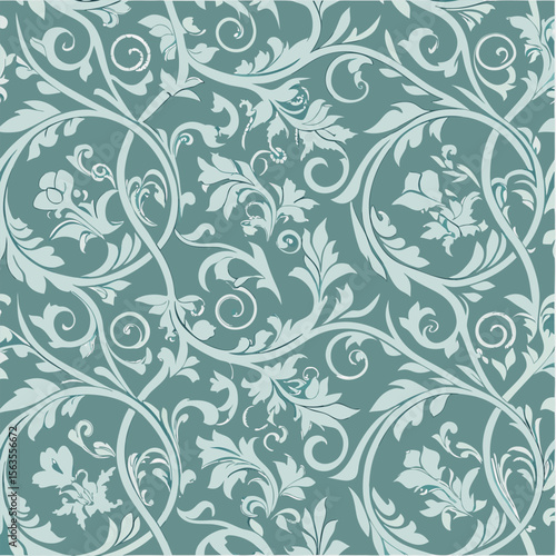 Elegant teal and white floral scrollwork seamless pattern background