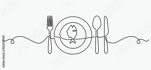 continuous line drawing of fork, plate, knife and spoon. minimalist one line drawing of cutlery. single line vector illustration. 