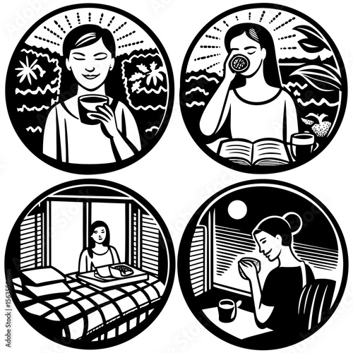 Morning Routine Vector Set – Daily Self-Care Activities like Yoga, Skincare, Coffee, and Journaling




