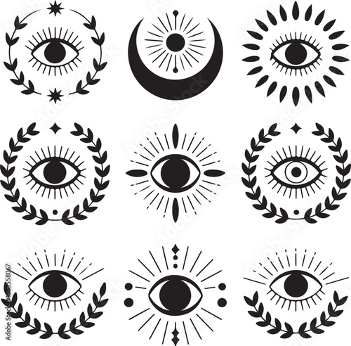 Boho Symbol Doodle Set with All-Seeing Eyes Moons and Mystical Leafy Accents
