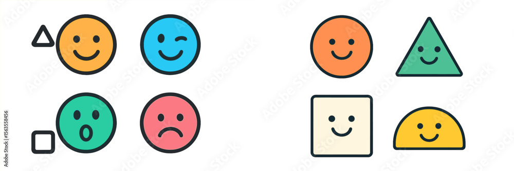 Fototapeta premium Different emotions represented by colorful shapes and faces in a playful design