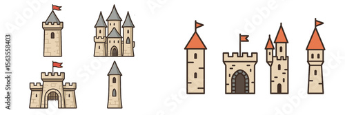 Various illustrations of medieval castles with towers and flags in a simplistic style