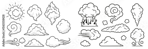 Various cloud and smoke illustrations in simple black and white style, suitable for design projects and educational purposes