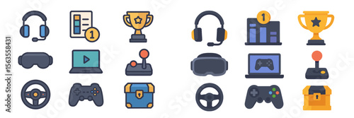 Collection of gaming icons representing achievements, tools, and devices for gamers in a digital format