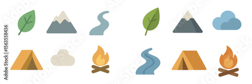 Nature-themed icons featuring mountains, trees, clouds, and campfire activities in a simple and modern design style