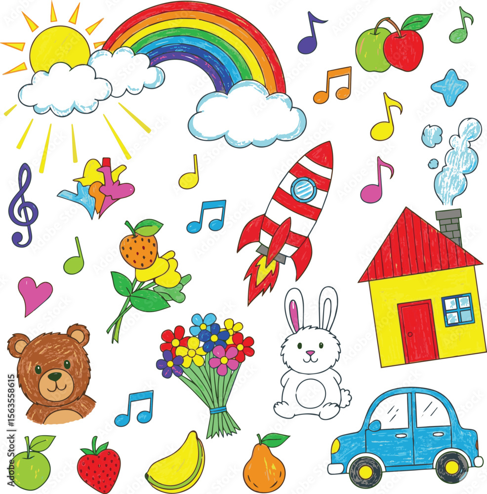 Obraz premium Kid crayon hand drawn background. Children school pencil bg. Cute summer flower, cloud, house, rainbow sun child icon. Vector kid sketch illustration. Cute crayon children pattern. Color pencil doodle