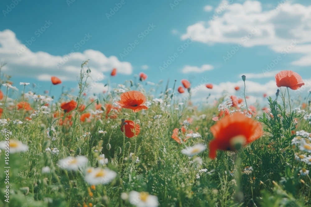 Obraz premium A vibrant field of wildflowers poppy sky outdoors.