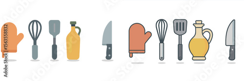 Cooking utensils and tools arranged neatly on a kitchen countertop for meal preparation and baking