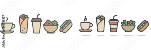 Variety of food and drink items illustrated in a clean, minimalist style showcasing lunch options