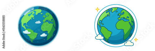 Earth illustrated with vibrant colors and clear details, showcasing landmasses and clouds in a playful design