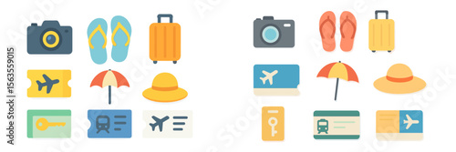 Travel essentials for a sunny vacation featuring clothing, gear, and travel documents