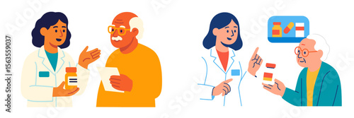 Health care professionals assist elderly patients with medication management in a clinic setting