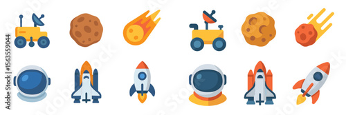Colorful outer space icons featuring rockets, asteroids, and astronauts in a playful design