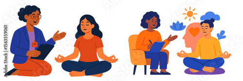 Mindfulness and meditation sessions with diverse individuals in a serene setting promoting mental health and well-being