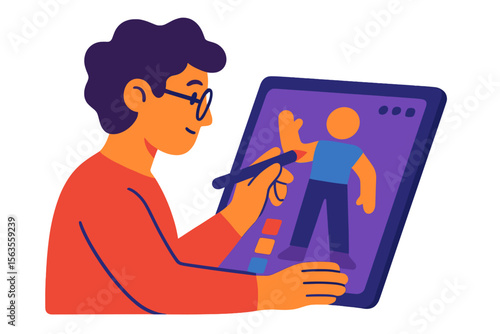 Young artist creates digital character design on tablet in bright and colorful workspace