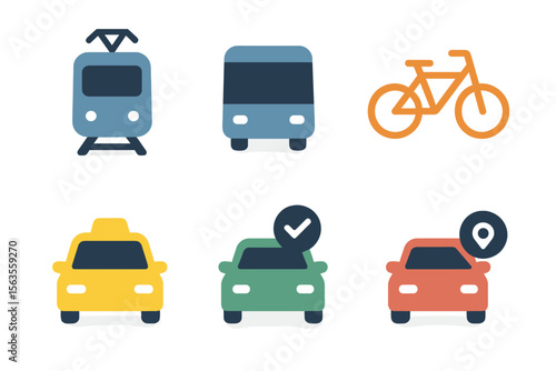 Public transportation icons with a tram, bus, bicycle, taxi, and ride sharing symbols representing urban mobility options
