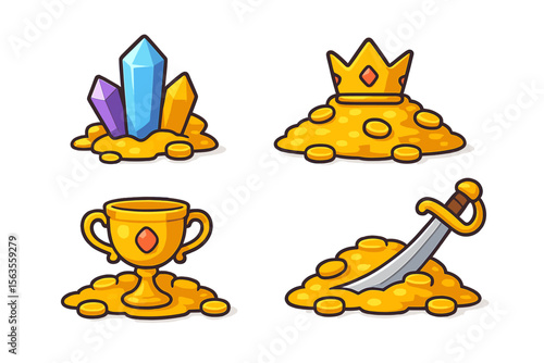 Colorful treasure icons depicting crystals, crown, trophy, and sword on heaps of gold coins representing wealth and adventure