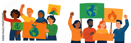 Group of diverse activists rallying for climate change awareness during a community event in the afternoon