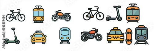Modern modes of transportation displayed in a vibrant array showcasing bicycles, scooters, taxis, and trains in urban settings