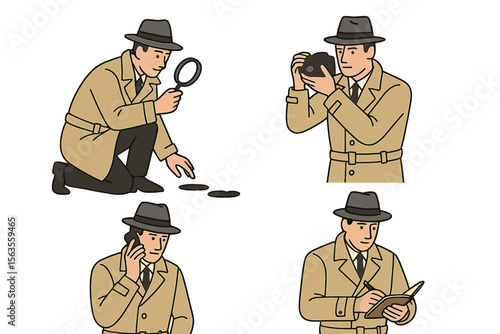Detective examining evidence and recording findings during an investigation in a crime scene setting