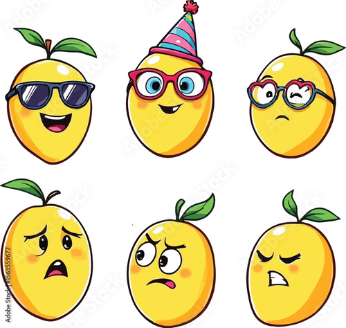 Citrus Moods  Cartoon Vector Icons of Lemon Characters Expressing Emotions with Accessories