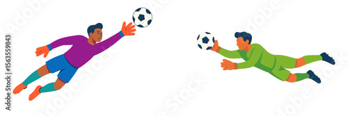 Goalkeepers diving to save the soccer ball during an intense match in bright colors