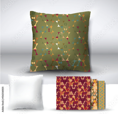 Set of realistic 3d throw pillows with seamless pattern samples. Apartment interior design element. Cushion isolated on a gray background.