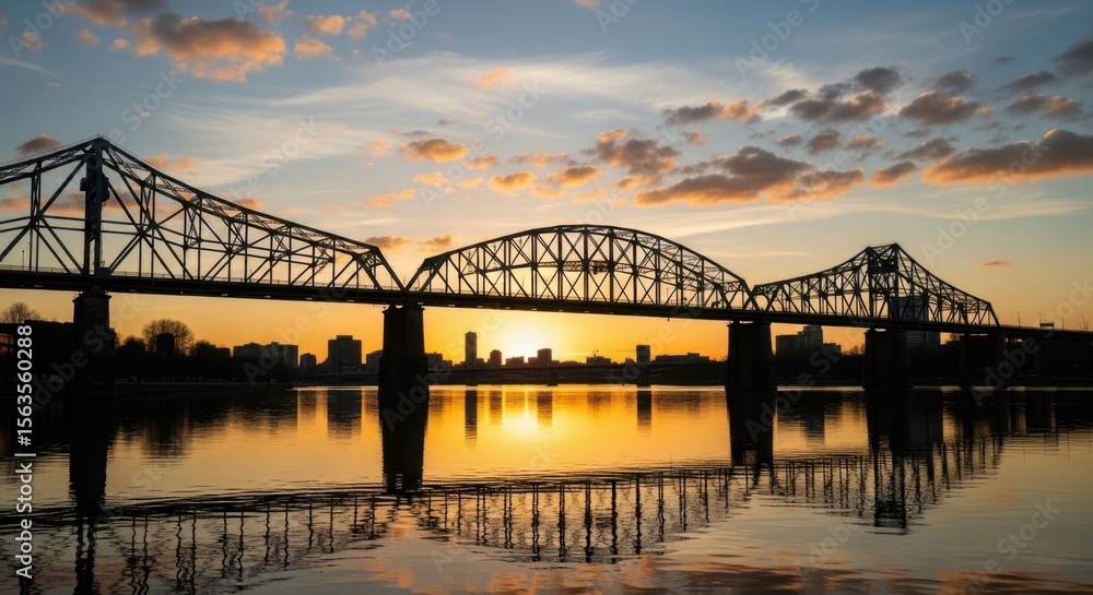 Fototapeta premium Truss Bridge Sunset Overcalm River Reflection