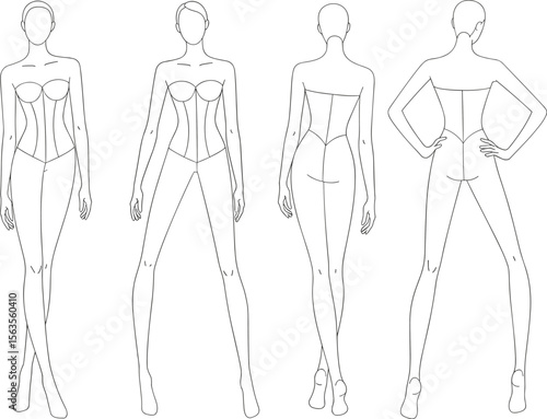 Female fashion croquis with front and back views, technical sketch template for clothing design, fashion illustration body figure outline flat vector illustration