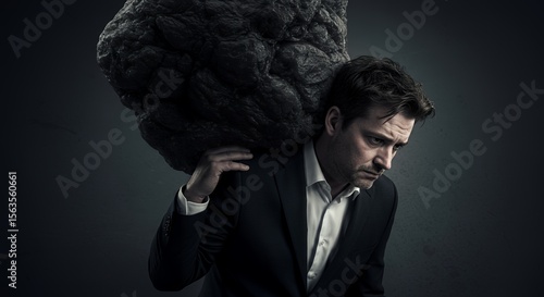 Man burdened by a heavy, dark rock, symbolizing overwhelming stress and pressure in life.
